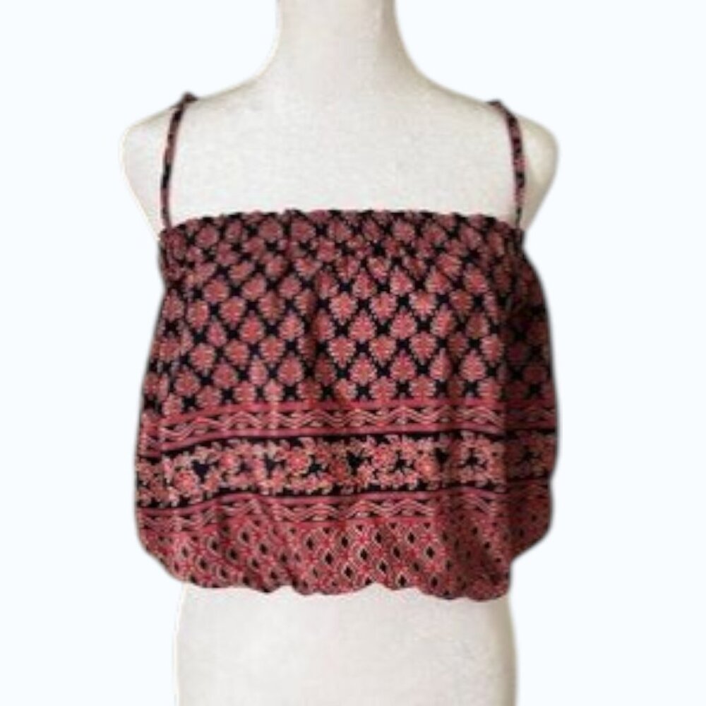 Elan Boho Tie Strap Crop Top M | Navy Coral Print Elastic Hem - Picture 2 of 8